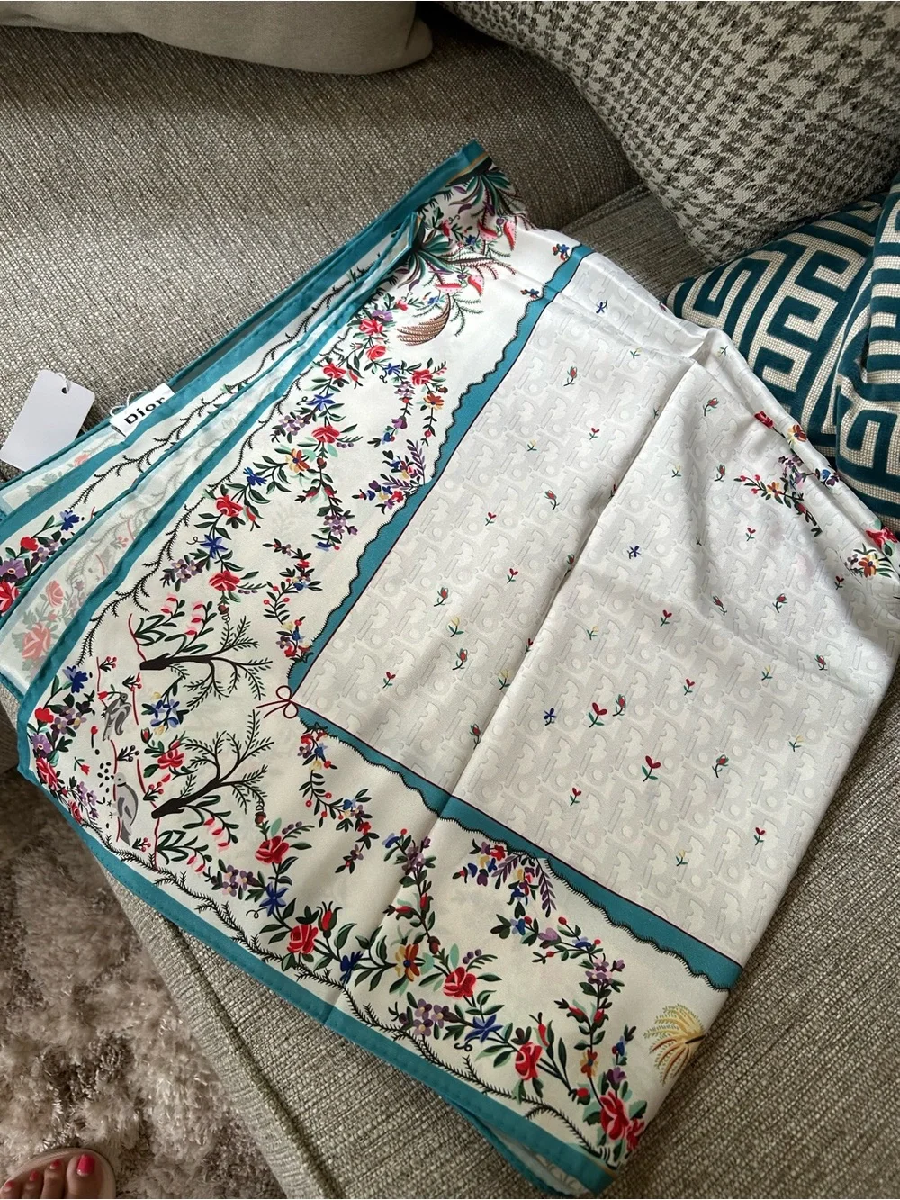 Dior Cream Silk Scarf with Teal Border and Floral Motifs